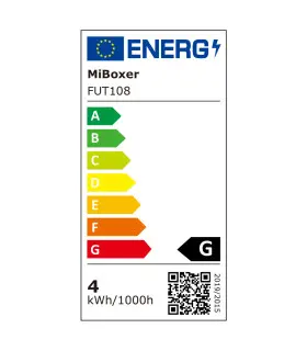 Energy efficiency label for MiBoxer FUT108 LED bulb, displaying a rating of G.