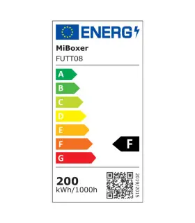 Energy label for MiBoxer 200W RGB+CCT LED floodlight, indicating energy efficiency class F.