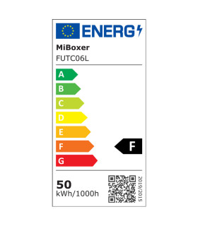 Energy efficiency label for MiBoxer 50W RGB+CCT LED garden light showing class F rating