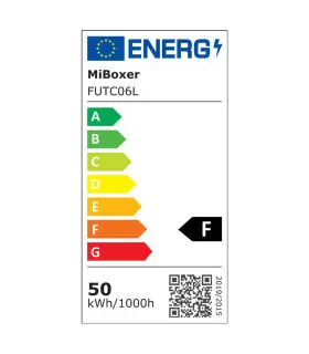 Energy efficiency label for MiBoxer 50W RGB+CCT LED garden light showing class F rating