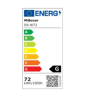 Energy efficiency label of the MiBoxer 72W RGBW LED wall washer light showing energy class and consumption.