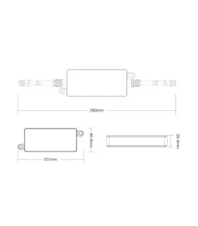 A technical diagram showing the dimensions and layout of the MiBoxer DMX signal amplifier.