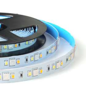 Close-up of RGB LED strip light roll: A roll of flexible LED strip light with various RGB and warm white LED chips