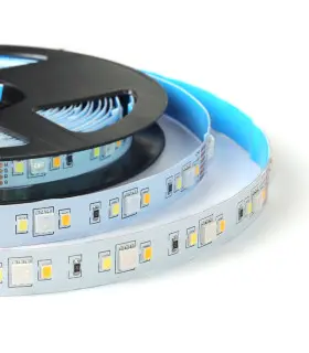 Close-up of RGB LED strip light roll: A roll of flexible LED strip light with various RGB and warm white LED chips