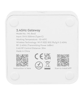 Back of MiBoxer 2.4GHz Gateway: Shows product details, certification logos, and QR codes for setup.