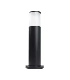 A sleek, cylindrical black lawn light with a frosted dome top, placed on a smooth base.