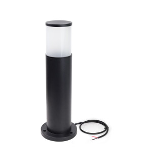 A sleek, cylindrical black lawn light with a frosted dome top, placed on a smooth base.