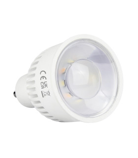 A front view of the MiBoxer GU10 RGB+CCT LED spotlight bulb with a clear lens, showing its compact, white design.