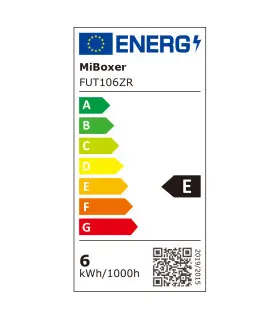 An EU energy rating label indicating the MiBoxer GU10 RGB+CCT LED spotlight’s efficiency class with a black energy bar showing