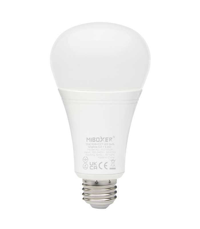 A MiBoxer 12W RGB+CCT LED bulb with a standard E27 fitting, ideal for smart lighting solutions with Zigbee compatibility.