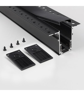 A black magnetic rail system with two plastic end caps and screws, showcasing the MiBoxer 20-style flush-mounted magnetic rail.