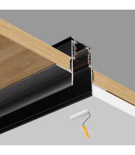 An illustration of the magnetic rail being installed between a wooden panel and a ceiling