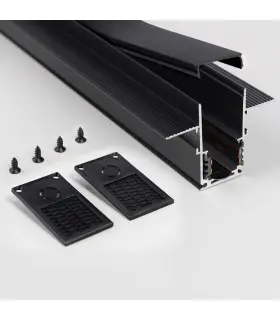 A close-up view of a black aluminium magnetic rail. It includes screws and end caps as part of the installation kit.