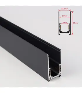 Black profile rail for a surface-mounted magnetic lighting system, with technical dimensions in an inset.