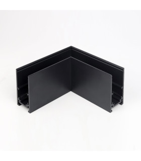 Black 90-degree corner connector for a surface-mounted magnetic rail lighting system.