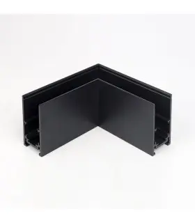 Black 90-degree corner connector for a surface-mounted magnetic rail lighting system.