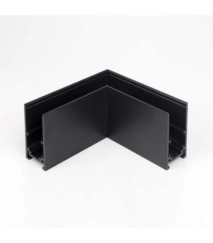 Black 90-degree corner connector for a surface-mounted magnetic rail lighting system.