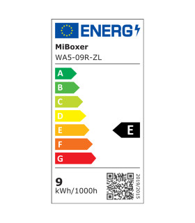 Energy efficiency label for MiBoxer 9W RGB+CCT LED round wall light (Zigbee 3.0), rated at 9W and showing an energy class of F.