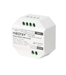 Close-up of MiBoxer Smart Switch, highlighting the input/output ports, and technical specifications.