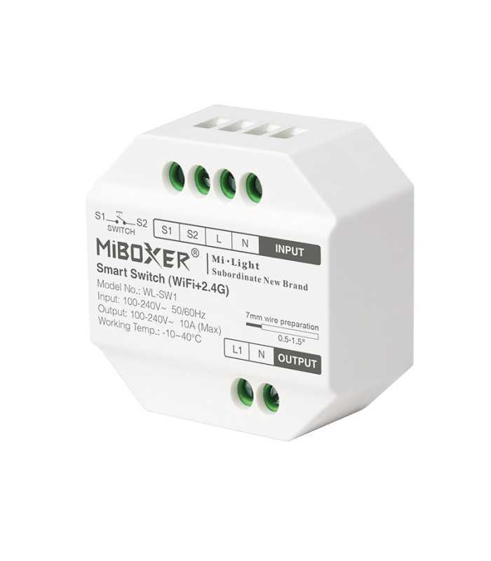 Close-up of MiBoxer Smart Switch, highlighting the input/output ports, and technical specifications.