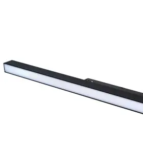 A slim, long black floodlight with a sleek, minimalist design, featuring a white light-emitting strip for even illumination.