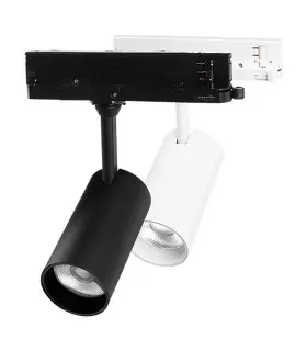 Two cylindrical track spotlights in black and white, with a modern, adjustable mount design.