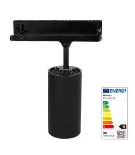 Black cylindrical track spotlight with an energy rating label displaying a 'G' rating.