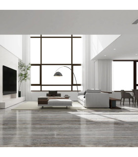 Modern, bright living room illuminated by MiBoxer LED downlights with large windows and minimalist décor.