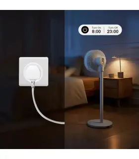 Smart home setup using the MiBoxer WiFi plug to control a fan, showing scheduled power control through a mobile app.