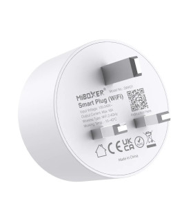 Side view of the MiBoxer 16A WiFi smart plug, showing input/output details and power consumption statistics label.