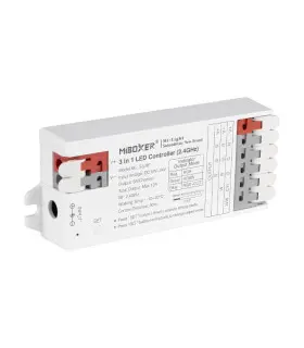 MiBoxer 3-in-1 LED controller with 2.4GHz RF control, featuring labelled input and output terminals