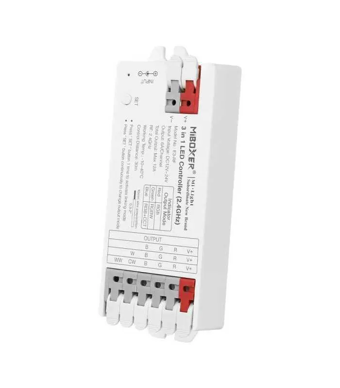 Side view of MiBoxer 3-in-1 LED controller, showcasing its compact design and connection points for smart lighting