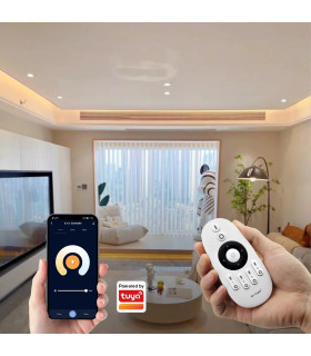 Demonstration of the MiBoxer LED controller being controlled via a smartphone app and a handheld remote in a modern living room