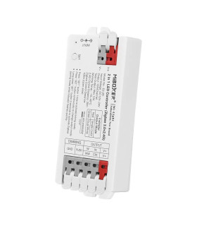 A white electronic module labeled MiBOXER 2 in 1 LED Controller. The side displays input, output, and dimming connectors