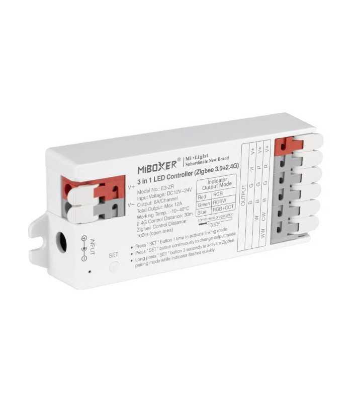 Side view of MiBoxer 3-in-1 Zigbee LED controller, showing power input and connection terminals.