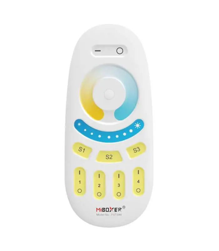 A front-facing view of the MiBoxer remote control, showing the full set of buttons, including the colour temperature adjustment