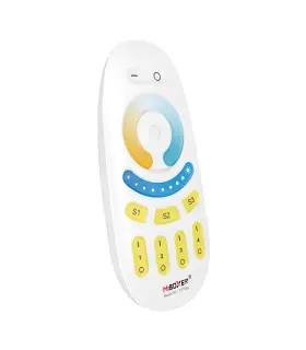 A sleek, white handheld remote control featuring a colour temperature adjustment dial and several yellow-labeled buttons