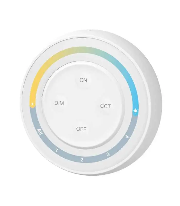 A top-down view of the MiBoxer 4-Zone Sunrise Remote Control, showing the colour-coded control ring and central buttons