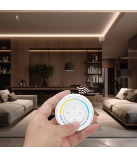 A person holding a sleek circular remote control device with multiple buttons, used to control lighting in a modern living room