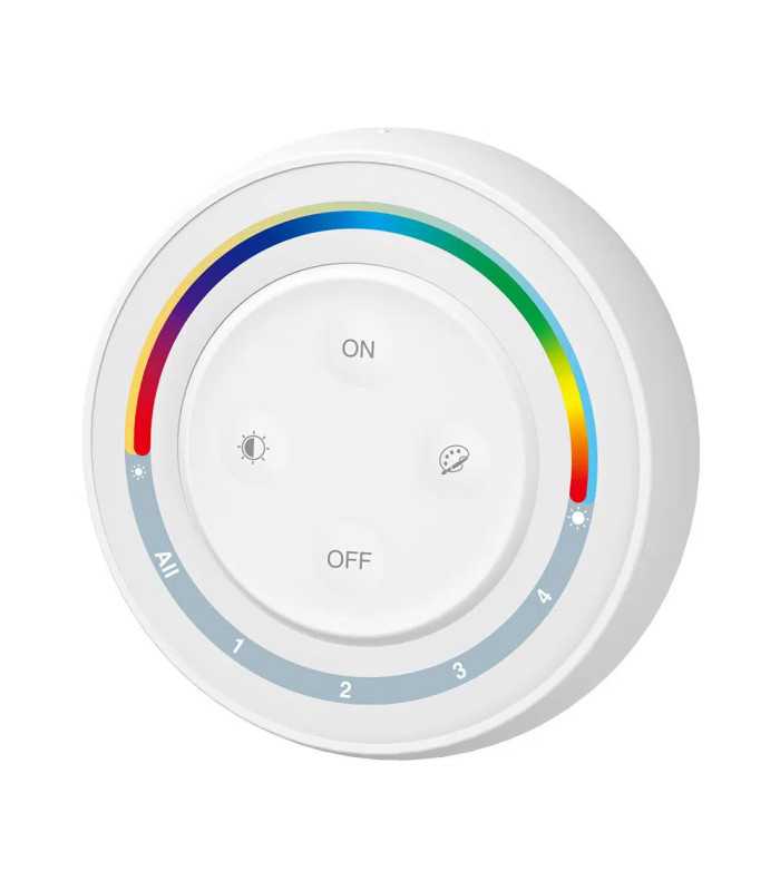 A white circular device with a rainbow arc, labelled ON, OFF, and numbered 1 to 4. Sun and moon icons are present.