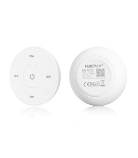 MiBoxer mini remote control in black and white variants, featuring circular design with buttons