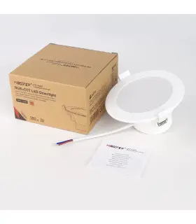 MiBoxer 6W RGB+CCT LED downlight with packaging and installation guide, ideal for smart home lighting control.