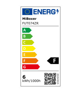 Energy efficiency label for MiBoxer 6W RGB+CCT LED downlight, showing an energy rating of 'F'.