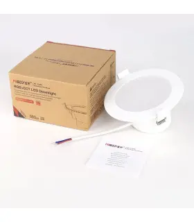 MiBoxer 6W RGB+CCT LED downlight with packaging and installation guide, designed for Zigbee 3.0 and 2.4GHz wireless control.