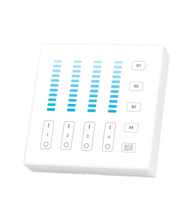 MiBoxer 4-zone panel remote control in white and black variants, featuring brightness indicators and zone control buttons