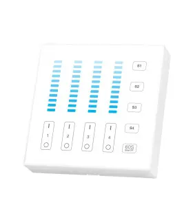 Front view of the MiBoxer 4-zone panel remote control in white, showing brightness indicators and multiple zone control buttons.