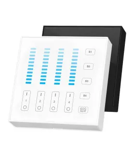 MiBoxer 4-zone panel remote control in white and black variants, featuring brightness indicators and zone control buttons