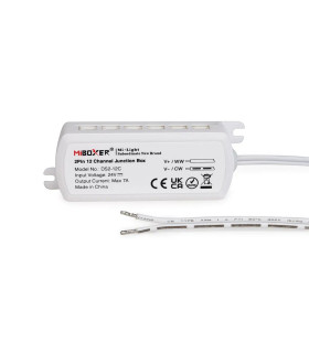 Close-up of MiBoxer 2-pin 12-channel junction box (model DS2-12C) showing technical specifications and wiring diagram