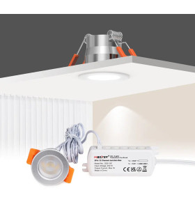 MiBoxer 2-pin 12-channel junction box installed in a ceiling setup with LED downlights for smart home lighting control.