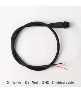 Top view of MiBoxer M16 connector cable showing shielded wires and labeled white (D-), red (D+), and ground